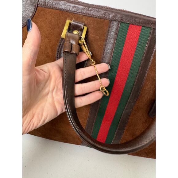 Gucci Vintage Brown Town Suede Web Carry On Top Handle Tote with Gold tone charm - Picture 3 of 7